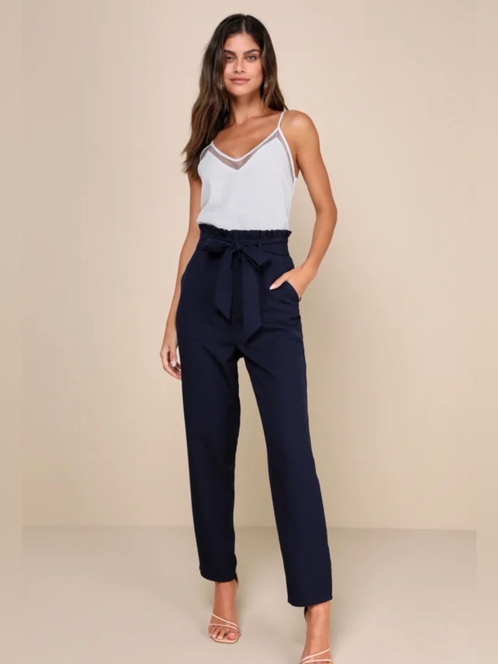 Lulu's Navy Blue Paperbag Waist Straight Leg Pants
